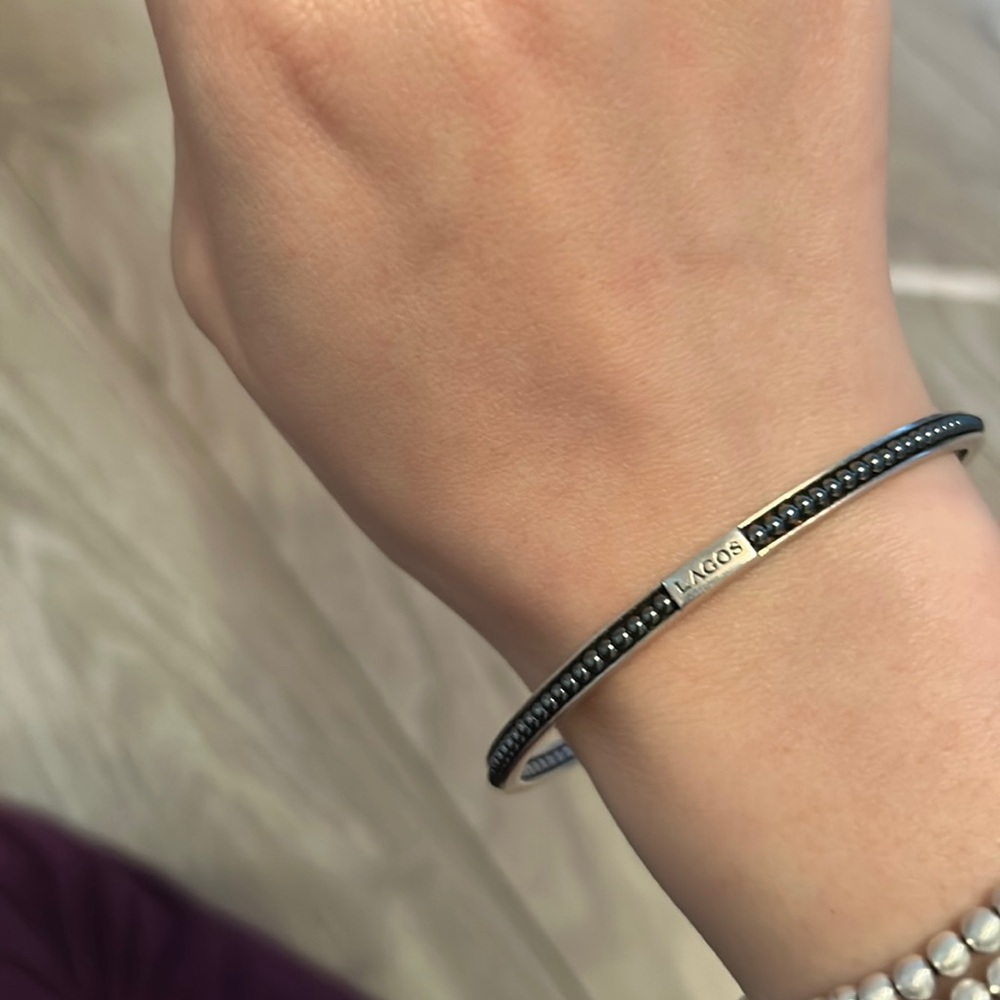 Lagos Dark Blue/Gray Sterling Silver Caviar Icon Beaded Bangle Bracelet - Picture 8 of 9